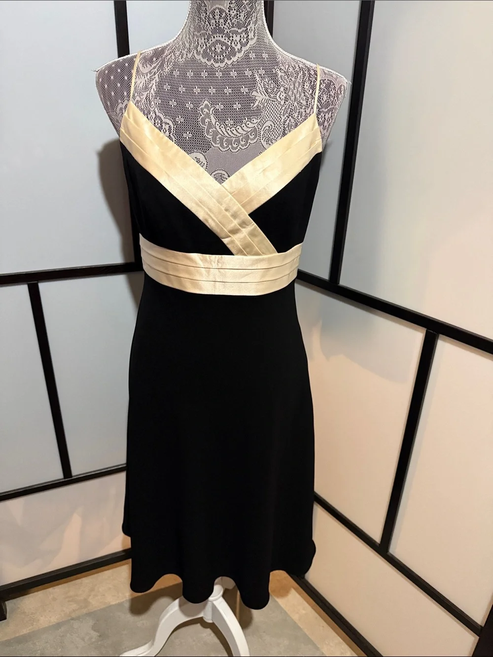 Ann Taylor Black Midi Dress with Cream Satin Accents